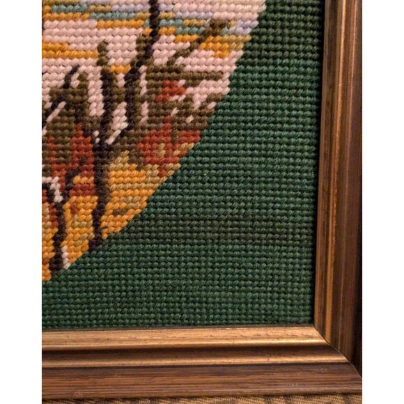 Vintage Framed Needlepoint Cross Stitch Winter Scene With Horse & Cottage - Picture 6 of 14